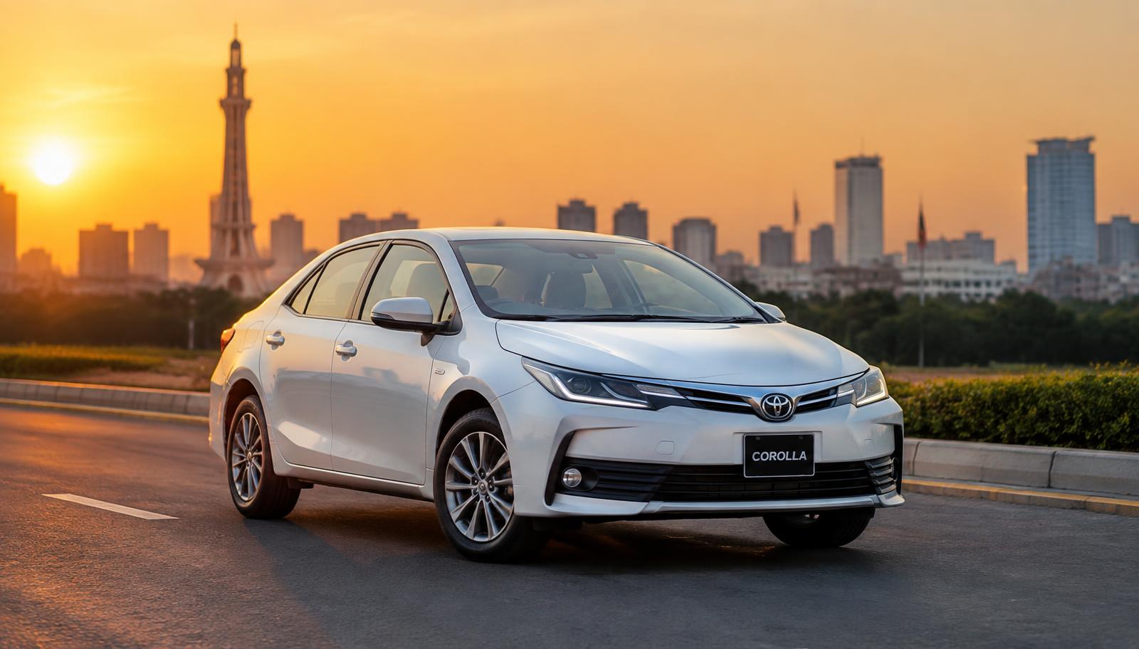 White sedan on a city road at sunset